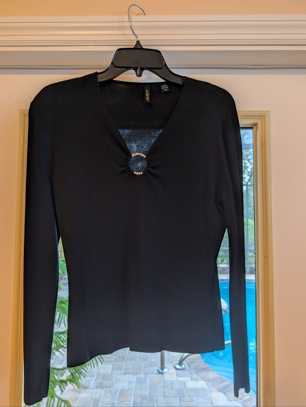Venini Black Long-Sleeve V-Neck Top with Decorative Ring
